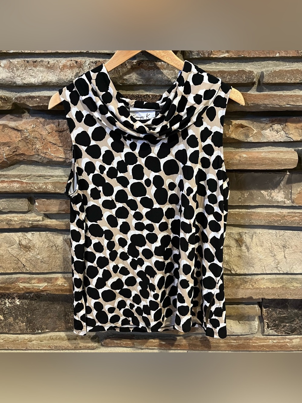 Compli K Cowl Neck Animal Print Sleeveless Top Black & Tan